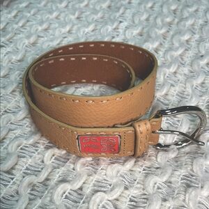 Fossil Tan Leather Belt with Red Enamel Floral and Silver Accents with Stitching